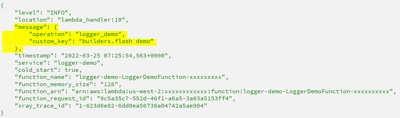 Screenshot showing a JSON log output from AWS Lambda Powertools for Python, highlighting logger_demo operation and custom fields for a builders.flash demo.