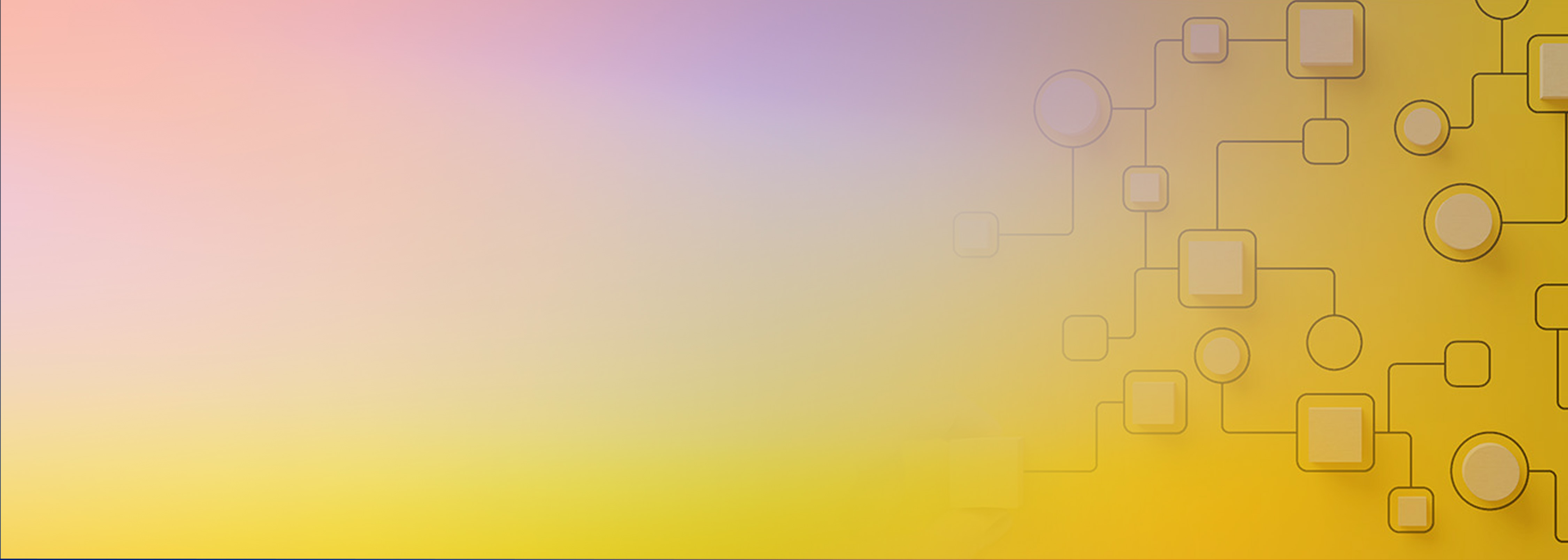 An abstract image featuring a pastel gradient background transitioning from pink and purple to yellow, with interconnected circles and squares on the right side representing a digital or network concept.