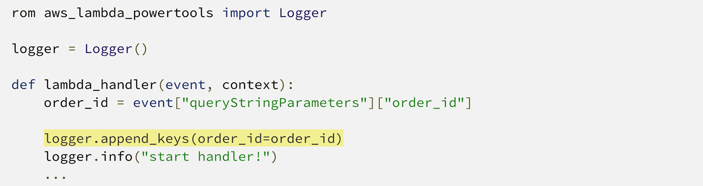 Screenshot of a Python code snippet demonstrating usage of aws_lambda_powertools Logger within an AWS Lambda handler, including logger.append_keys and logger.info functions.