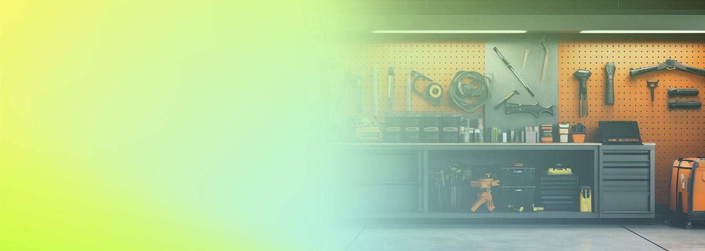 A workshop scene featuring a variety of tools hanging on an orange pegboard, with cabinets and boxes below, set against a soft yellow and green gradient background.