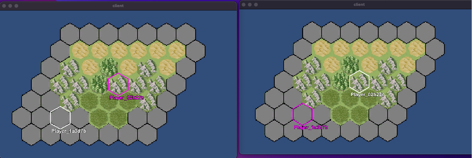 Screenshot of a multiplayer view for a hex tile-based game client. The image shows two application windows side-by-side, each displaying a hexagonal grid map with different terrain types and two player markers labeled with unique player IDs. The view demonstrates how the multiplayer interface appears for different players in the game.
