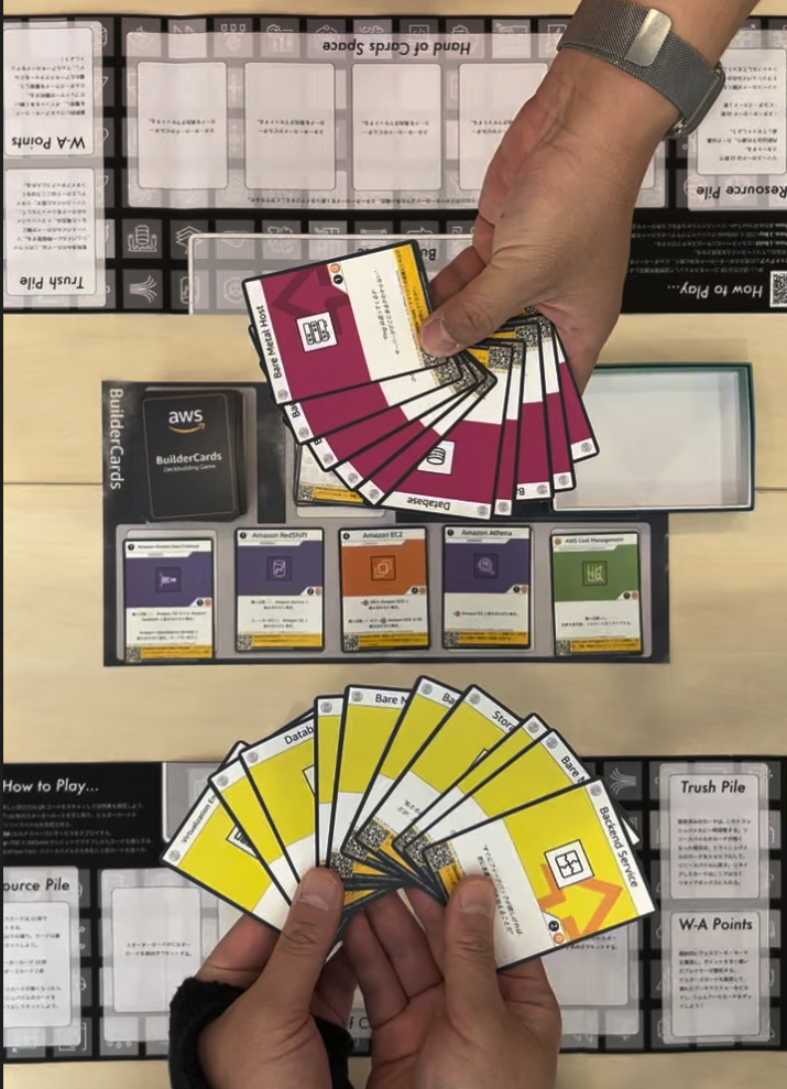 Two hands holding AWS BuilderCards game cards above a board game setup, with cards and game pieces labeled in Japanese. The scene is focused on the gameplay and card arrangement.