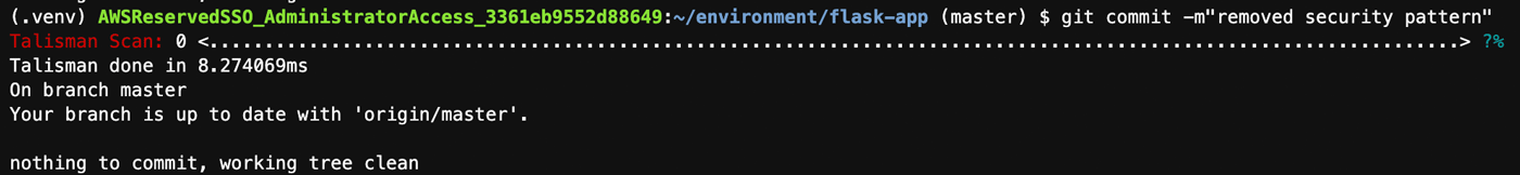 Screenshot showing the output of a Talisman security scan during a git commit in a DevSecOps pipeline, indicating no security issues found and a clean working tree.