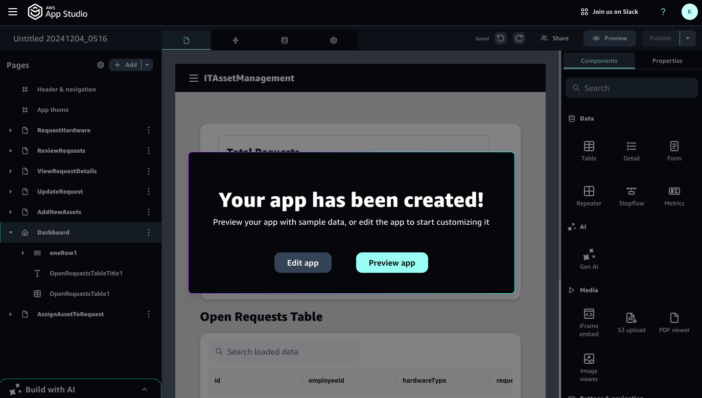Screenshot of the AWS App Studio interface showing a confirmation message 'Your app has been created!' and options to edit or preview the newly created app on the dashboard.