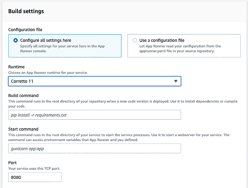 Screenshot of the AWS App Runner build settings console showing configuration for Corretto 11, including build command, start command, and port settings.
