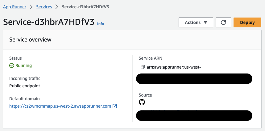 Screenshot of the AWS App Runner service overview dashboard showing service status, incoming traffic information, default domain, service ARN, and source repository details.