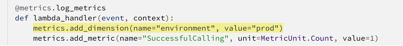 Screenshot of Python code demonstrating how to use AWS Lambda Powertools to add a dimension to CloudWatch metrics in a Lambda function. The highlighted line shows metrics.add_dimension(name='environment', value='prod').
