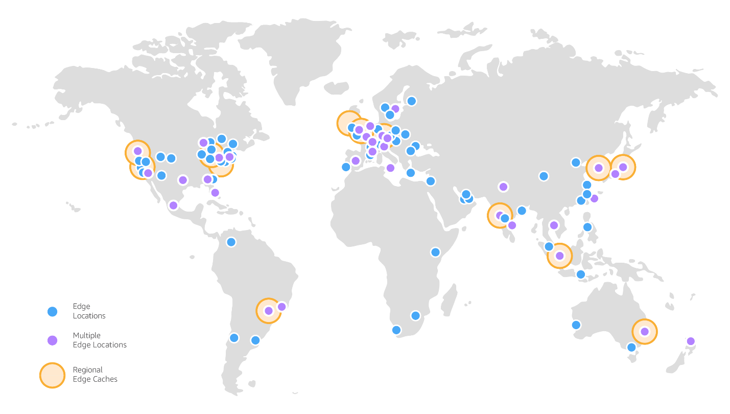 A world map visualization showing the global distribution of AWS CloudFront edge locations, multiple edge locations, and regional edge caches. The map uses colored dots and circles to represent the locations and density of AWS CloudFront infrastructure across different continents.