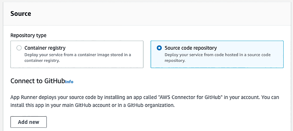 Screenshot of the AWS App Runner interface showing the option to connect to a source code repository via GitHub for deploying a service, with options to select between container registry and source code repository.
