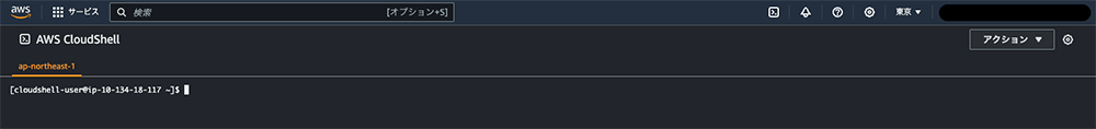 Screenshot of the AWS CloudShell web console's initial screen in the ap-northeast-1 region, displaying the terminal prompt with Japanese UI elements.