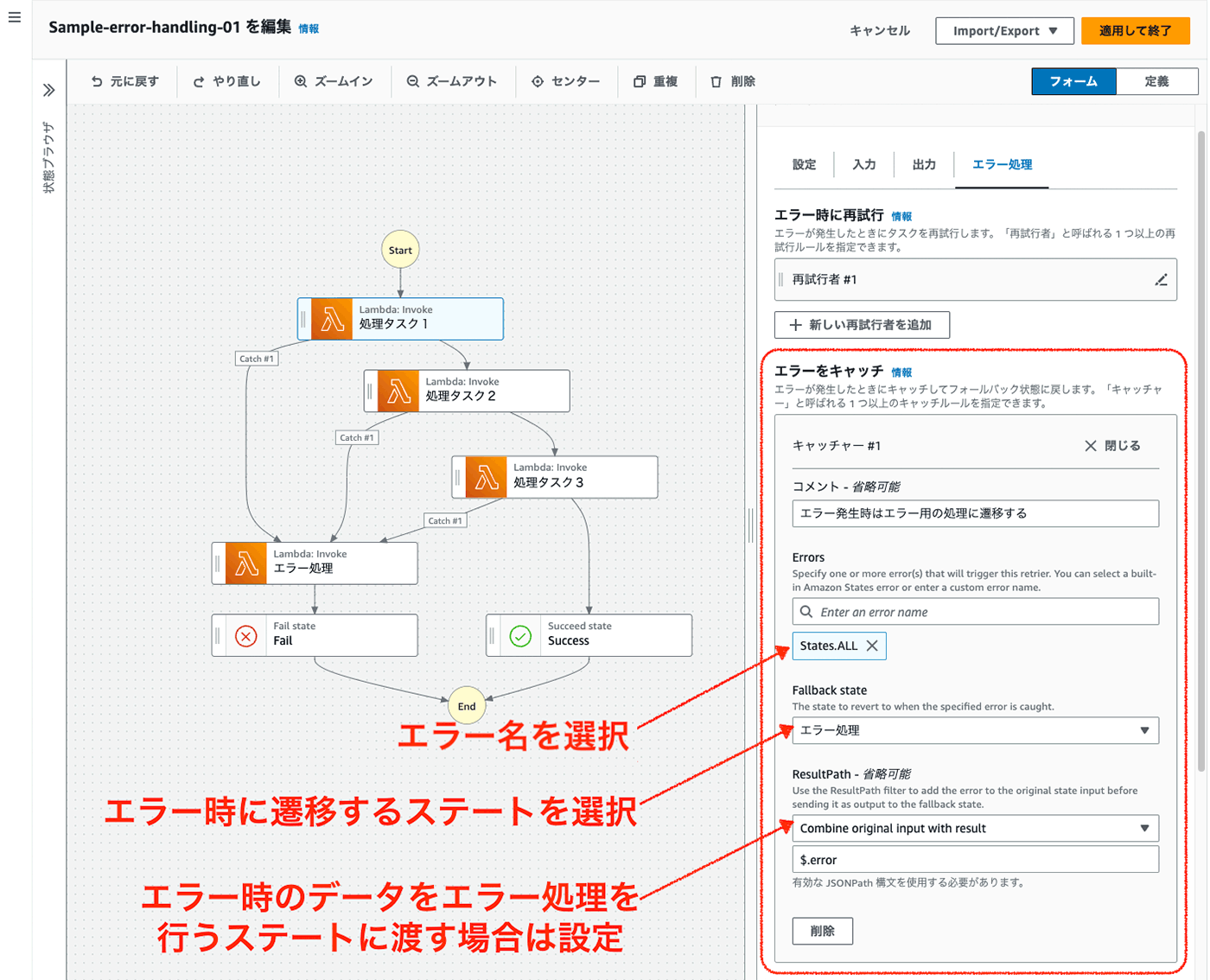 A screenshot of the AWS Step Functions UI in Japanese, showing an error handling workflow diagram with Lambda invokes and state transitions. The interface includes annotations in Japanese explaining how to configure error handling, select fallback states, and manage error data using the ResultPath field.