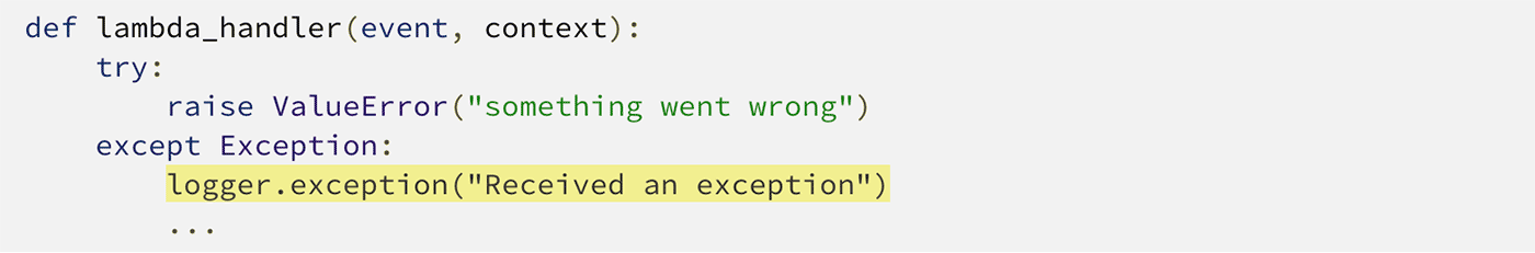 Screenshot of a Python lambda_handler function illustrating exception handling and logging with logger.exception('Received an exception'), demonstrating Lambda Powertools for Python.