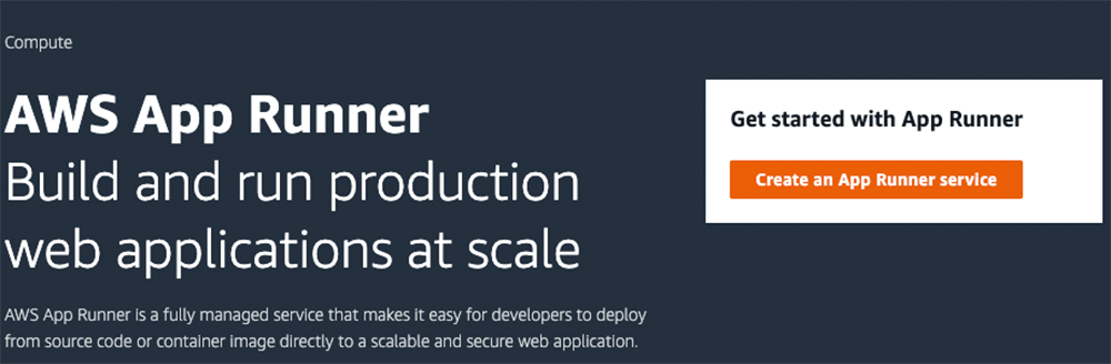 Banner image promoting AWS App Runner, featuring the text 'AWS App Runner: Build and run production web applications at scale' and a call-to-action button to create an App Runner service.