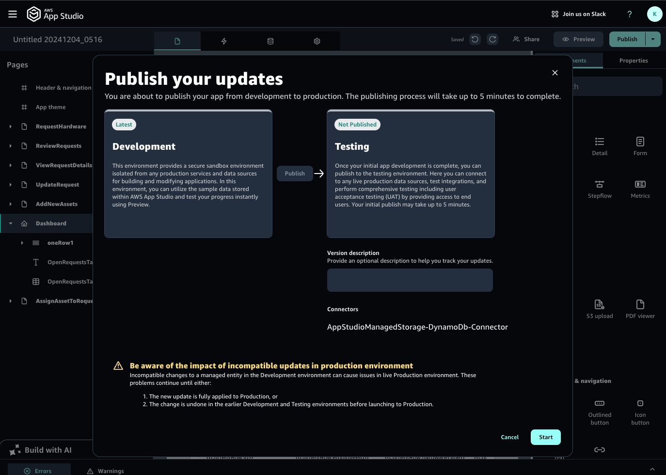 Screenshot of the 'Publish your updates' dialog in AWS App Studio, showing the process of publishing an app from the development environment to testing, with instructions and warnings about incompatible updates.