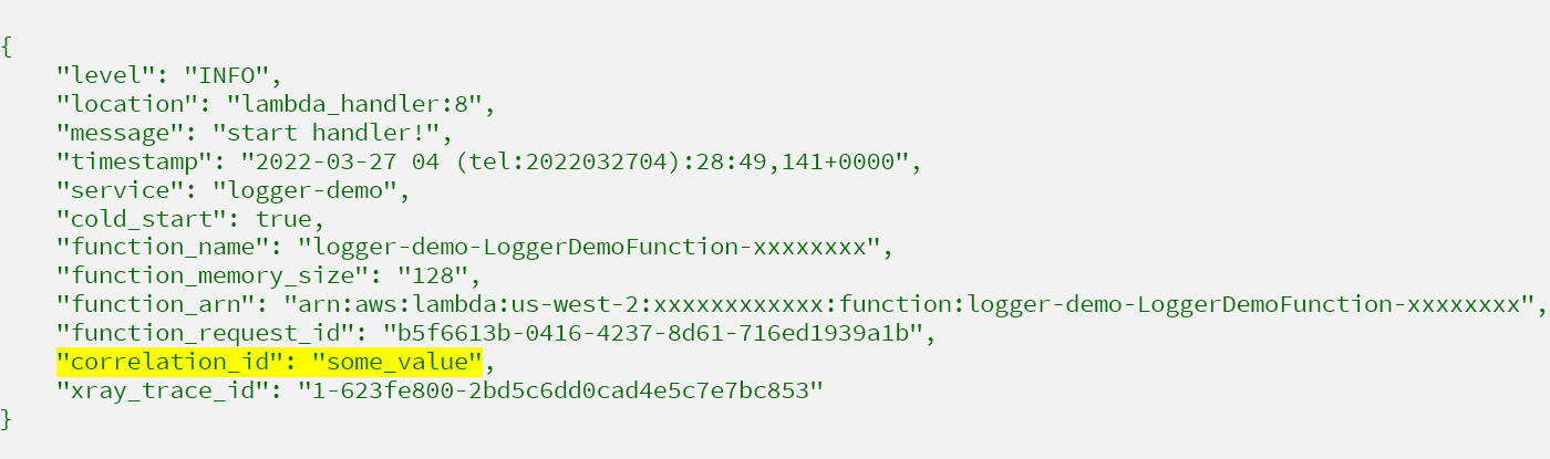 A screenshot showing a JSON log output example from AWS Lambda Powertools for Python, including fields such as level, location, message, timestamp, service, cold_start, function_name, function_memory_size, function_arn, function_request_id, correlation_id, and xray_trace_id.