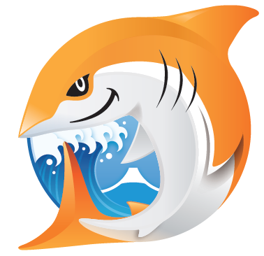 Illustration of an orange and white shark with a stylized ocean wave and Mount Fuji inside its mouth, representing the Japan AWS User Group (JAWS-UG).