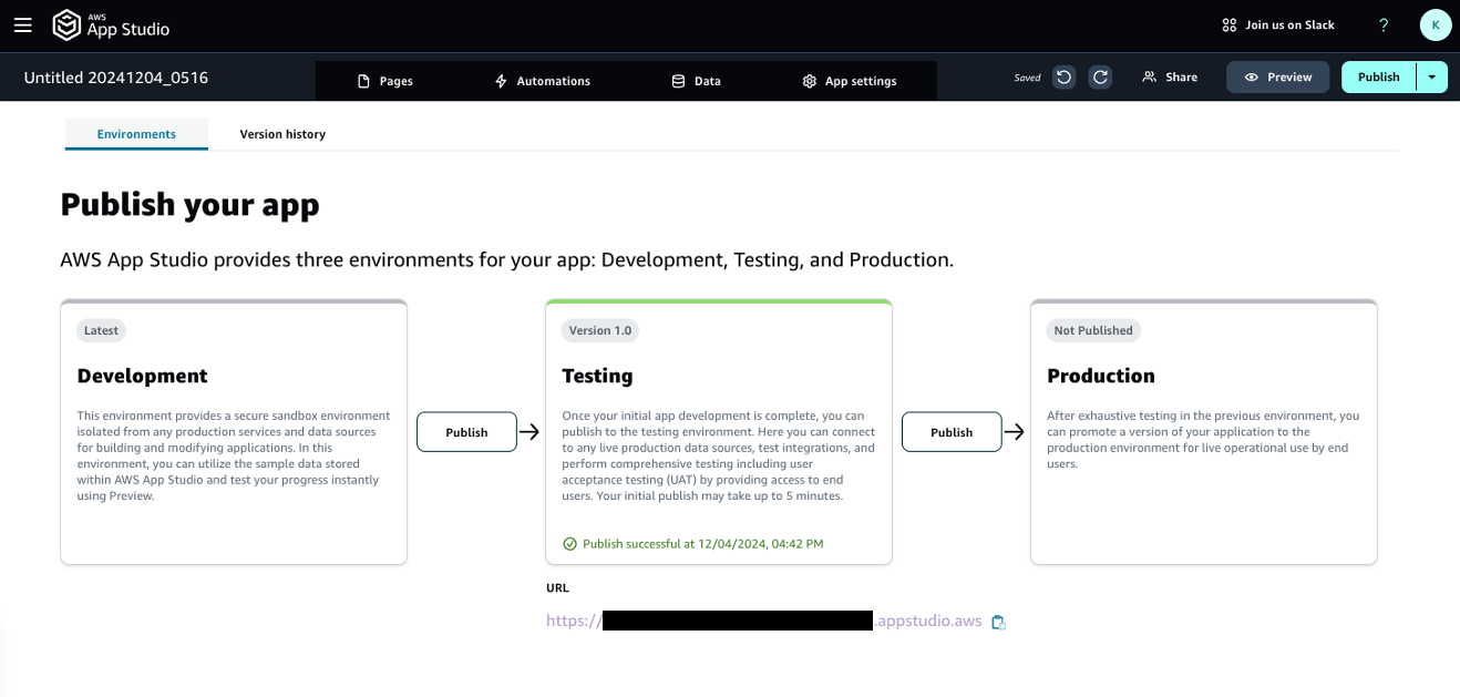 Screenshot of AWS App Studio interface showing the workflow for publishing an app through three environments: Development, Testing, and Production. The image illustrates how each environment is used, including development sandbox, user acceptance testing, and live production promotion.