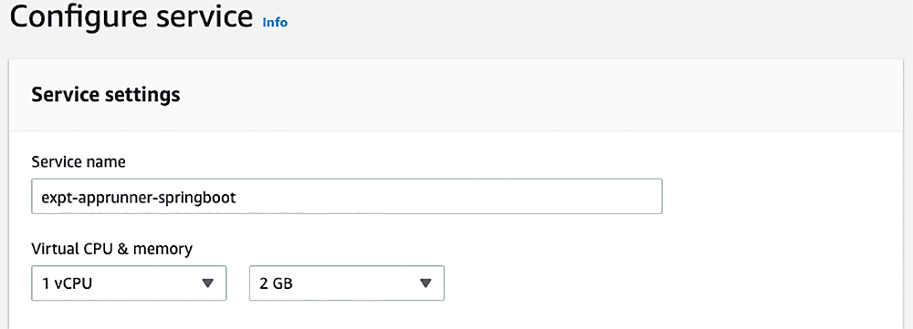 Screenshot of the AWS App Runner 'Configure service' settings page, showing service name input as 'expt-apprunner-springboot' and options to select virtual CPU and memory settings.