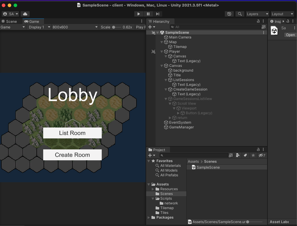 Screenshot of a Unity Editor window showing a game lobby scene with a hex map UI. The lobby interface displays 'List Room' and 'Create Room' buttons, with project hierarchy and assets panels visible in the Unity development environment.