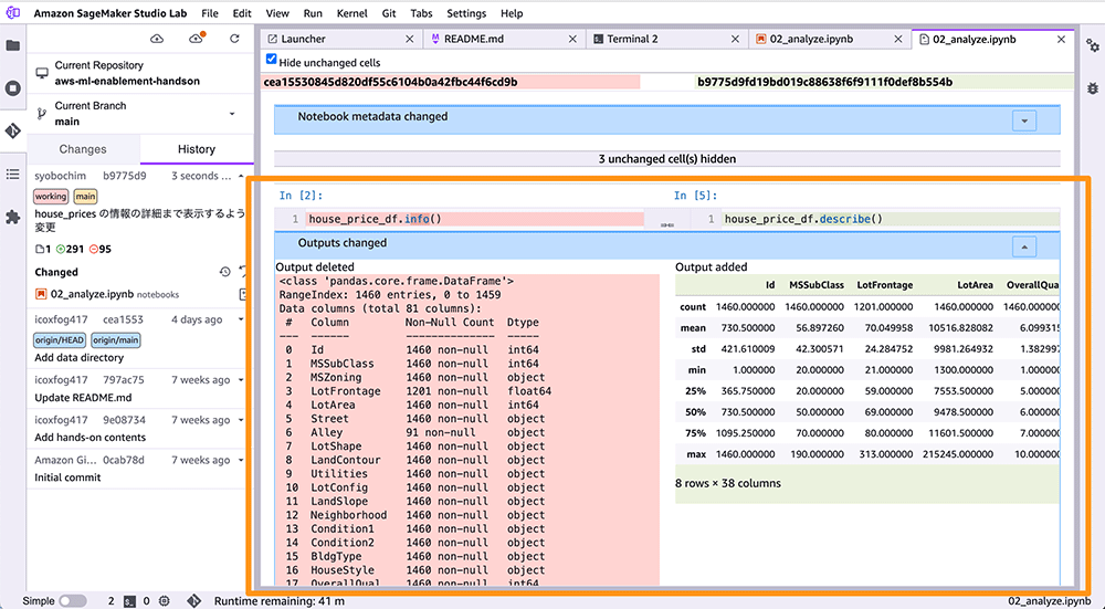Screenshot of Amazon SageMaker Studio showing a Jupyter notebook where DataFrame info and describe functions are executed, with outputs for data structure and summary statistics displayed in the notebook.