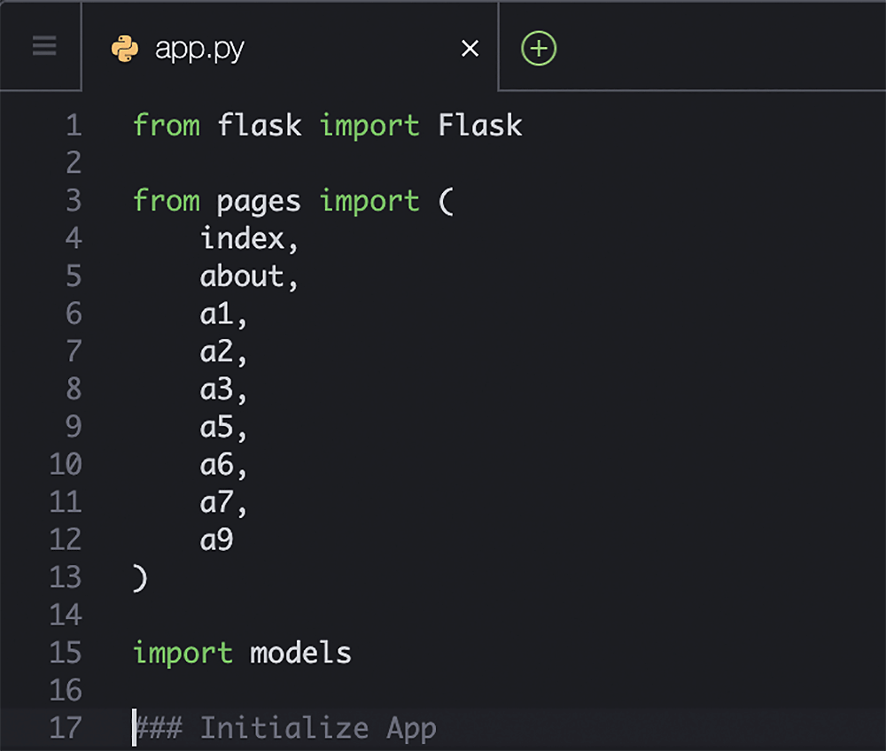 Screenshot of a Python file (app.py) showing import statements for Flask, multiple pages, and models, used for initializing a Flask web application.