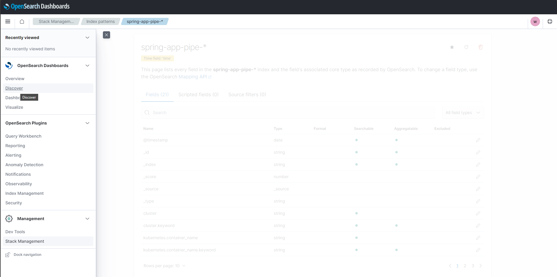 Screenshot of the OpenSearch Dashboards interface showing the index pattern fields view for spring-app-pipe-* with a list of field names and types, navigation panel, and plugins menu.