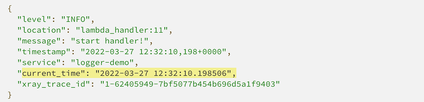 Screenshot of a JSON log output generated by AWS Lambda Powertools for Python, showing an INFO level log event with details such as timestamp, message, service name, handler location, current time, and xray trace ID.