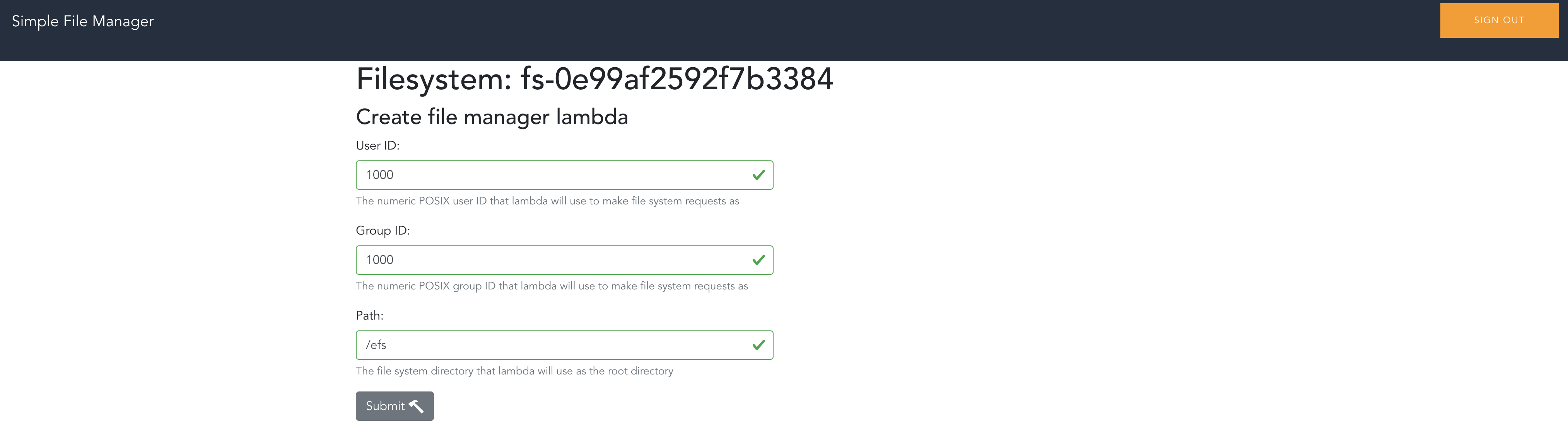 Screenshot of the Amazon EFS Simple File Manager interface, showing the form for creating a file manager Lambda function with fields for user ID, group ID, and file system directory path.
