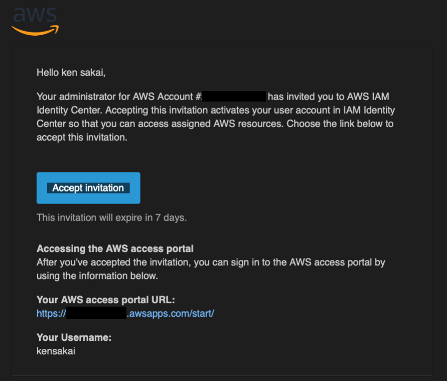 Screenshot of an AWS IAM Identity Center invitation email. The email includes a message inviting the user to activate their account, an 'Accept invitation' button, instructions about the AWS access portal, and the user's username. AWS branding is visible at the top.