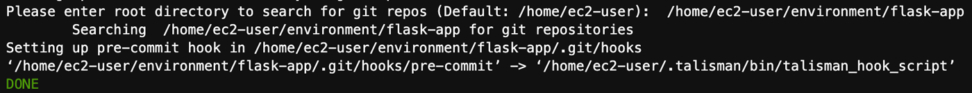 Screenshot of a terminal session showing the process of setting up a Git pre-commit hook in a Flask app directory, including commands related to the .git/hooks and talisman_hook_script.