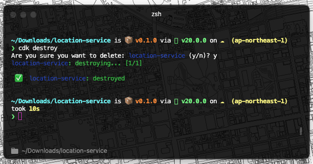 Screenshot showing the terminal output of running 'cdk destroy' for an AWS CDK location service project, with confirmation and successful resource destruction message.