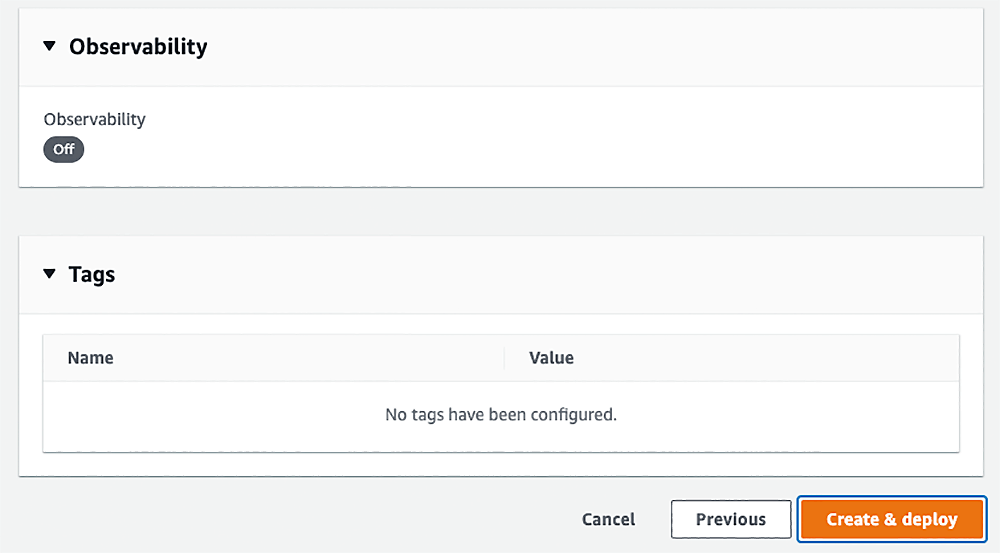 Screenshot of the AWS App Runner console showing observability settings (set to off) and tags (none configured) during the create and deploy process for a Spring Boot application using AWS Cloud Development Kit (CDK). The 'Create & deploy' button is highlighted.