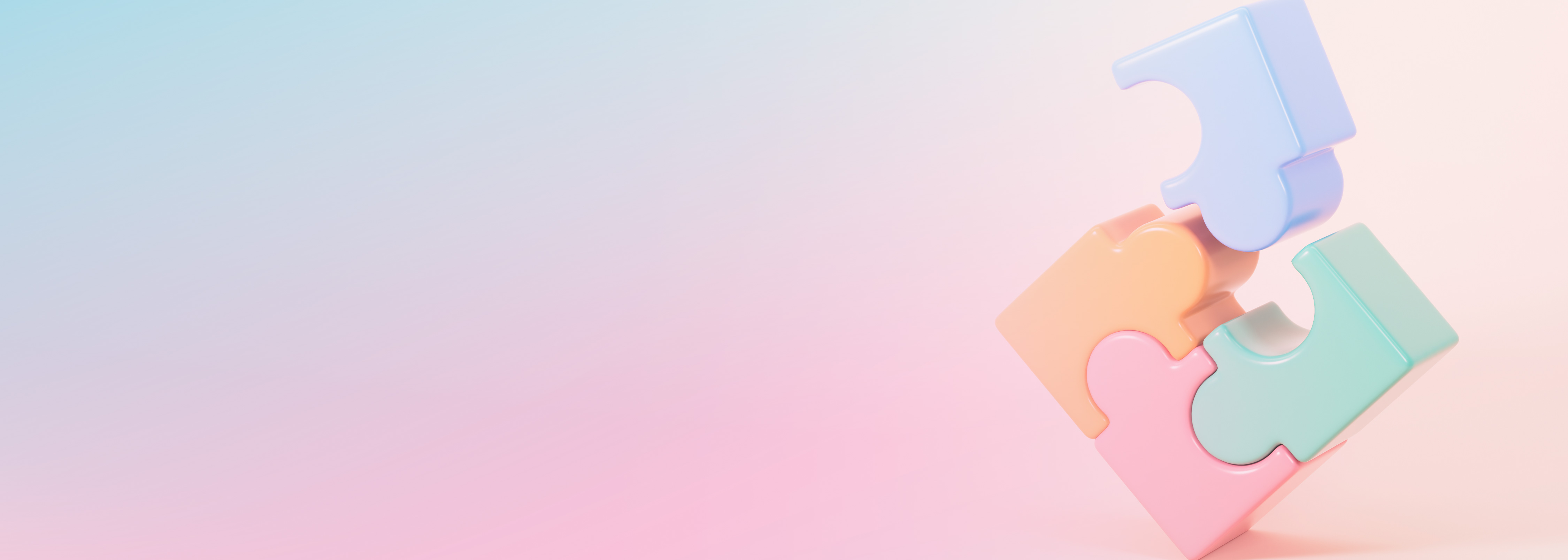 Stacked pastel-colored puzzle pieces on a soft pink-and-blue gradient background.