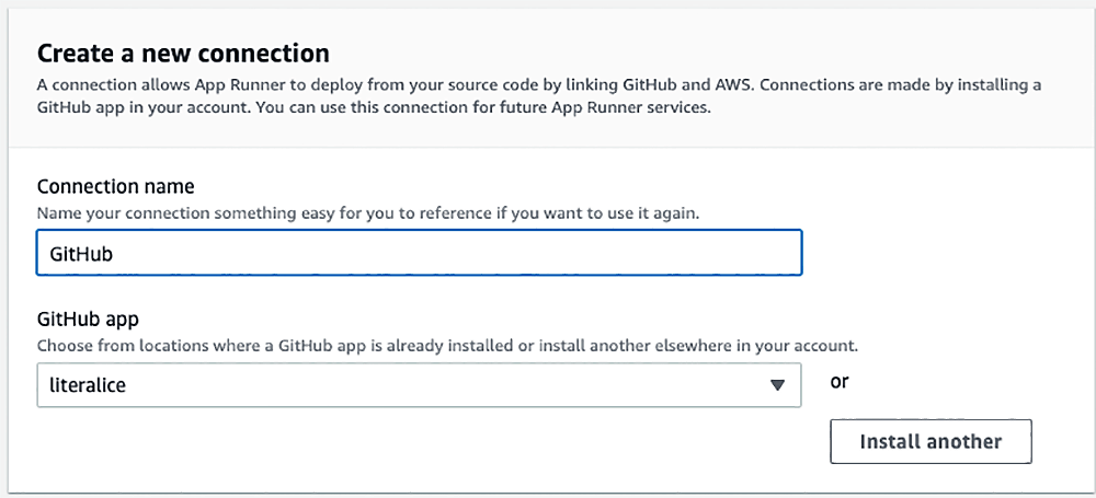 Screenshot of the AWS App Runner interface for creating a new connection to GitHub, showing options to name the connection and select or install a GitHub app for deployment integration.
