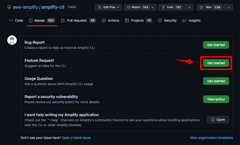 Screenshot of the GitHub Issues page for aws-amplify/amplify-cli, highlighting the 'Feature Request' option with a red box and arrow pointing to the 'Get started' button.