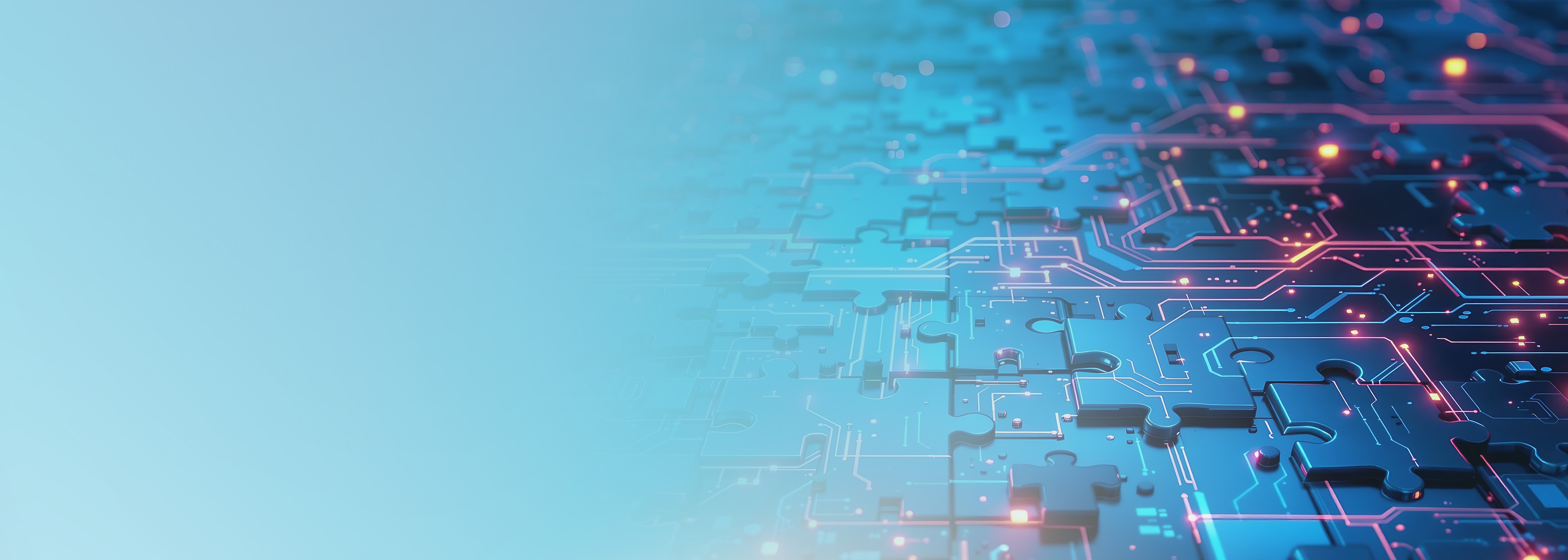 Abstract digital illustration featuring interconnected puzzle pieces and electronic circuitry, representing the concept of hybrid cloud technology and digital integration.