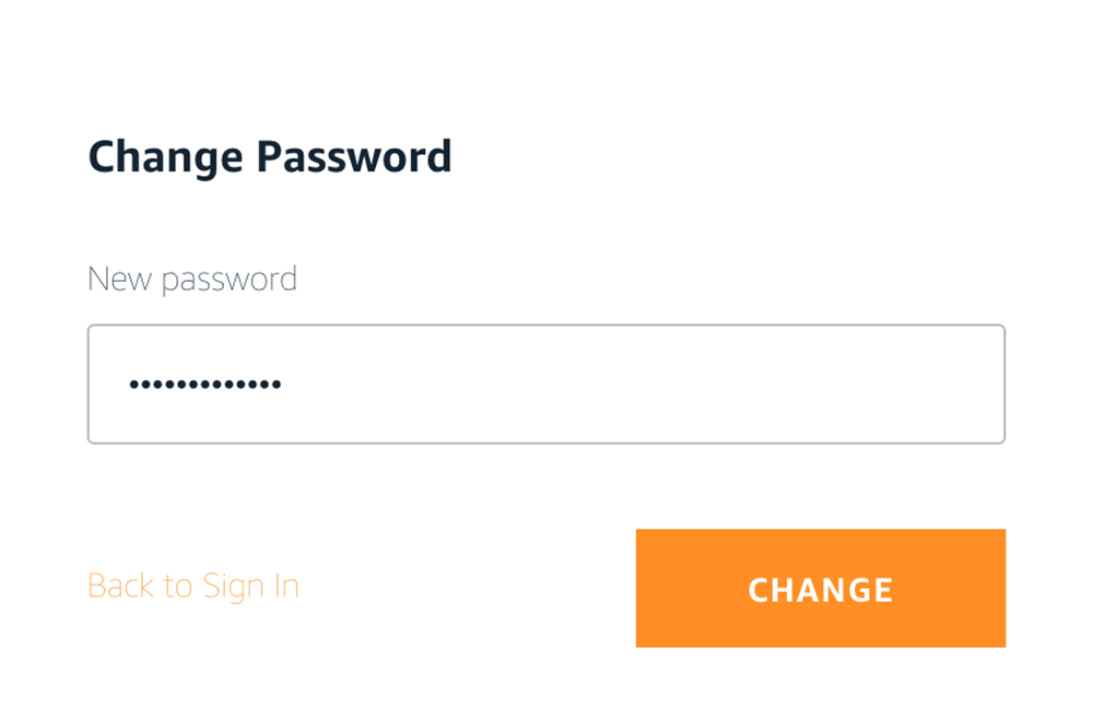 A user interface screen displaying a form to change the account password, featuring a new password input field and a 'Change' button.