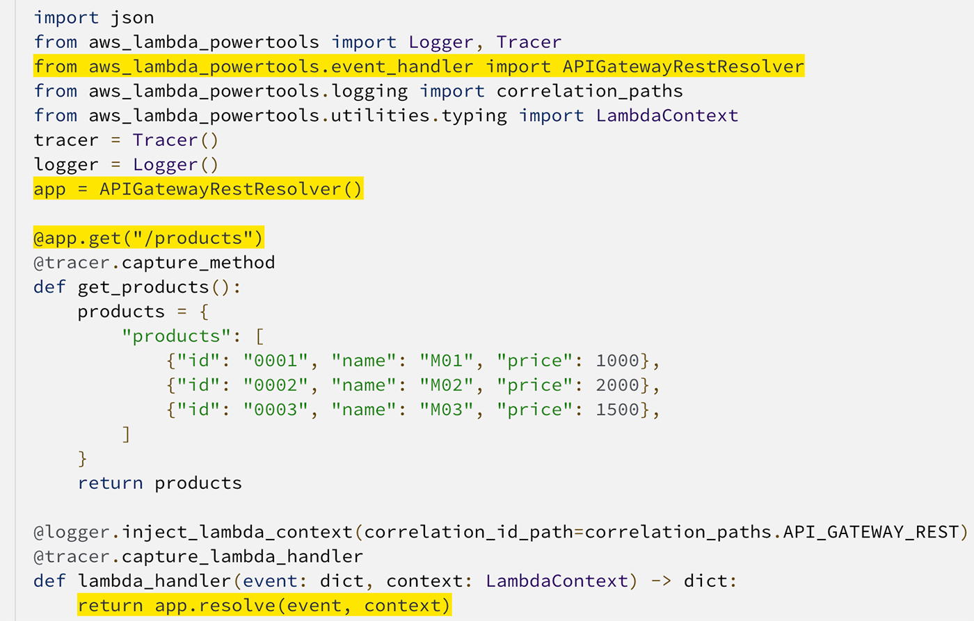 Screenshot of Python code demonstrating the use of AWS Lambda Powertools, featuring an API Gateway Rest Resolver to handle GET requests to '/products' and return a list of products. Key parts of the code are highlighted, showing imports, tracer, logger, and handler setup.