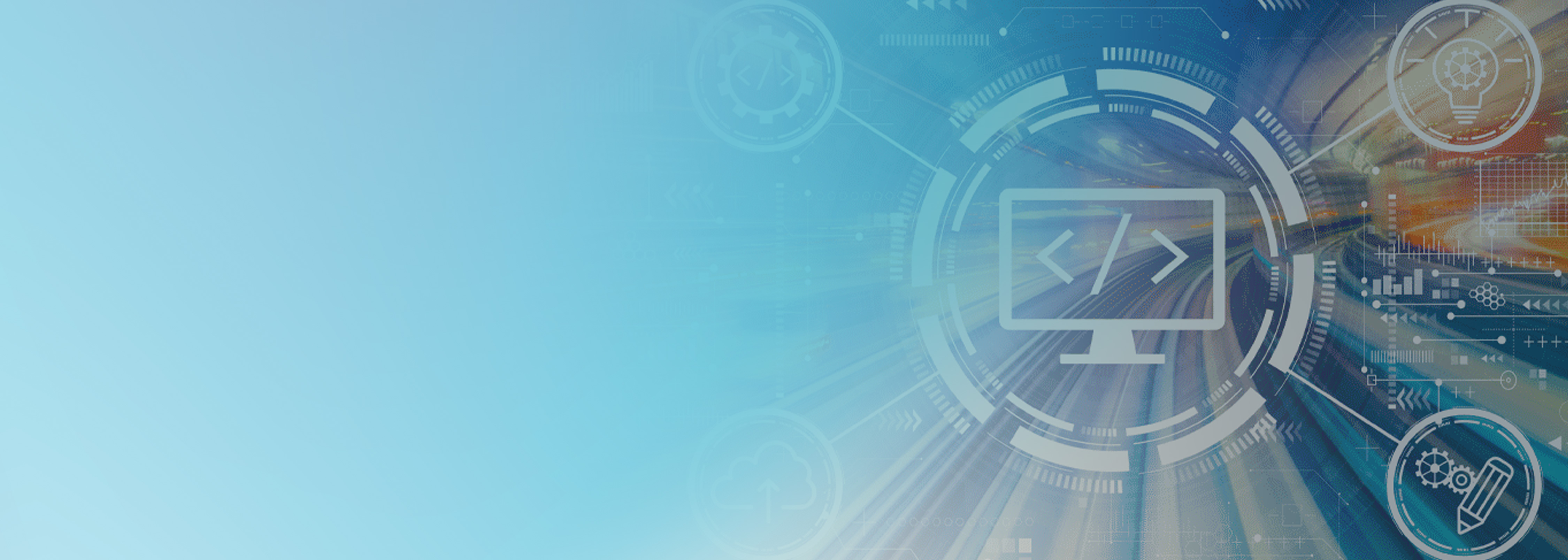 Abstract technology background featuring a computer screen with code symbols, digital interface elements, and flash motion effects, representing AWS Amplify Studio and rapid development.