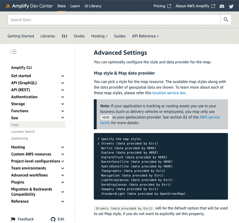 Screenshot of the AWS Amplify documentation showing advanced map settings, including configuration options for map style and map data provider in the Amplify CLI.