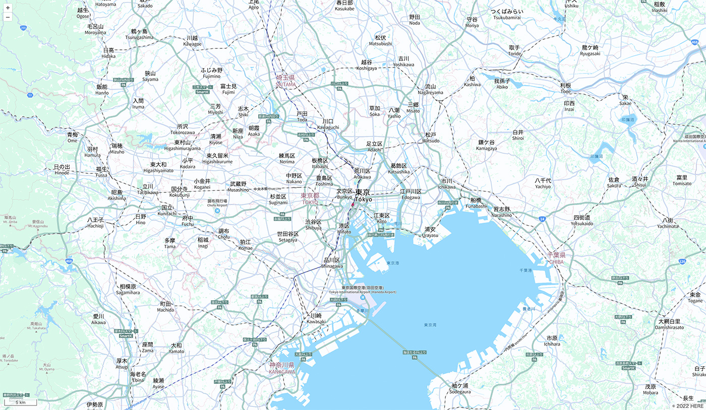 A detailed map of the Tokyo metropolitan area in Japan, displaying major cities, districts, highways, railways, and geographic features, with labels in both Japanese and English.