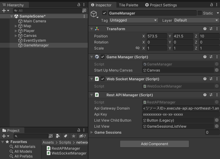 Screenshot of the Unity Editor Inspector showing the GameManager GameObject with attached Game Manager, Web Socket Manager, and Rest API Manager scripts, including field details such as API Gateway Domain and API Key. The hierarchy and assets pane are visible, focusing on a networked game architecture setup.