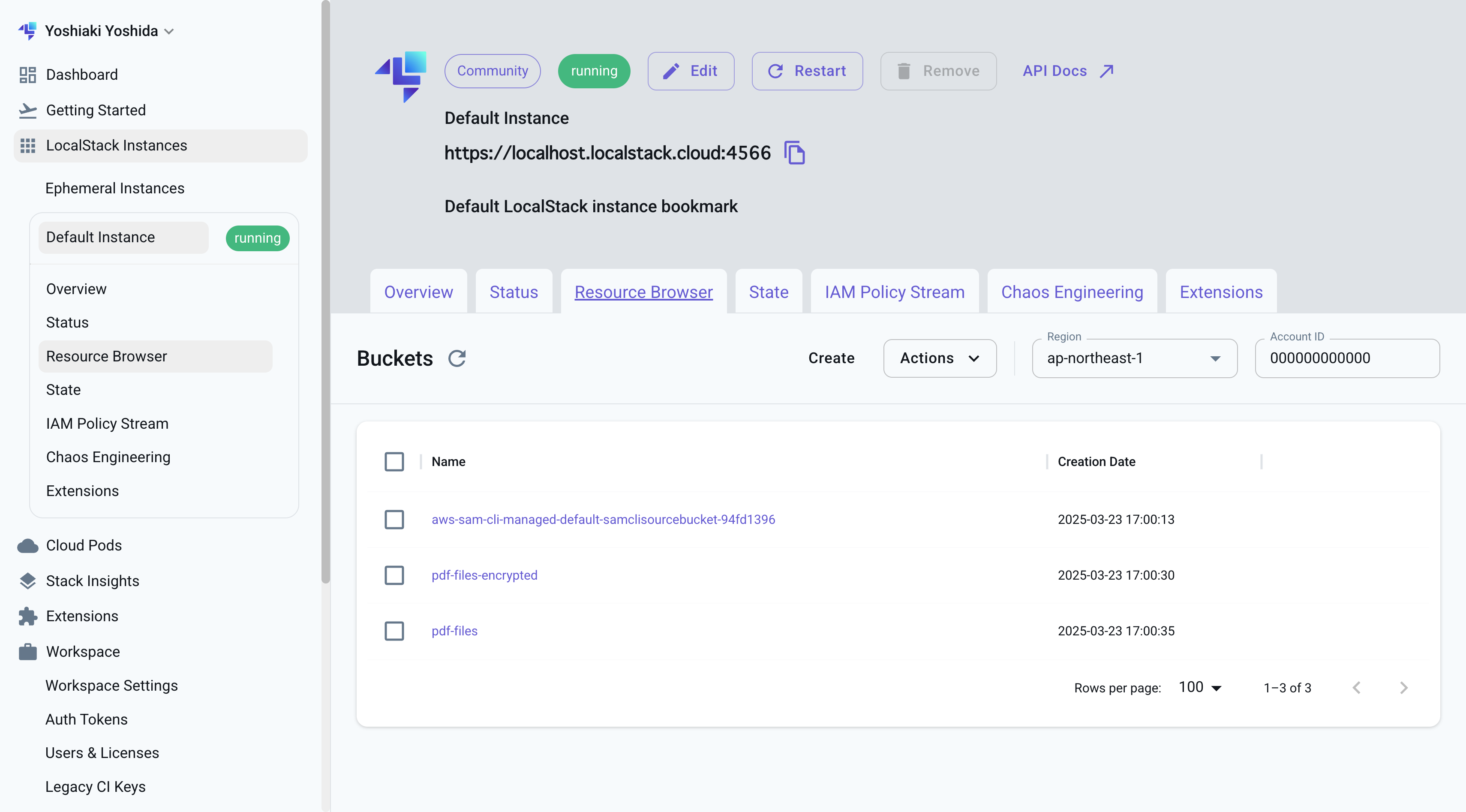 Screenshot of the LocalStack Resource Browser showing the S3 Buckets dashboard with a list of buckets, region set to ap-northeast-1, and options for managing LocalStack instances.