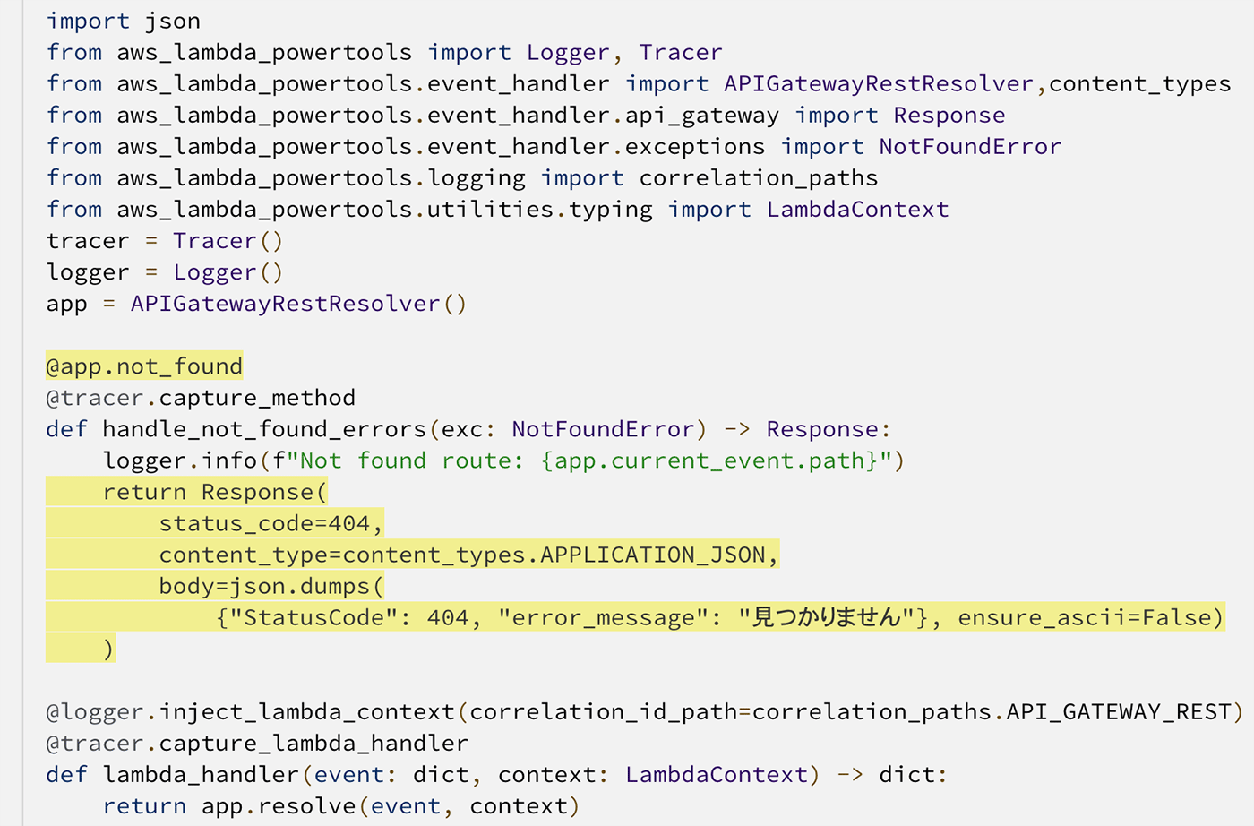 Screenshot of Python code using AWS Lambda Powertools to handle 'not found' errors with custom logging and JSON response in an API Gateway REST handler, including Japanese error message in the response body.