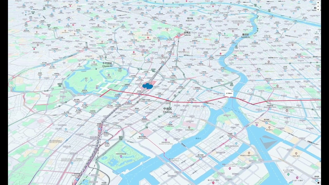 A 3D map view of central Tokyo, Japan, highlighting districts such as Chiyoda-ku, Chuo-ku, Sumida-ku, and Taito-ku. The map features train and subway lines, rivers, parks, and labeled city infrastructure in both Japanese and English. Ideal for use as a YouTube thumbnail related to Tokyo city navigation or urban guides.