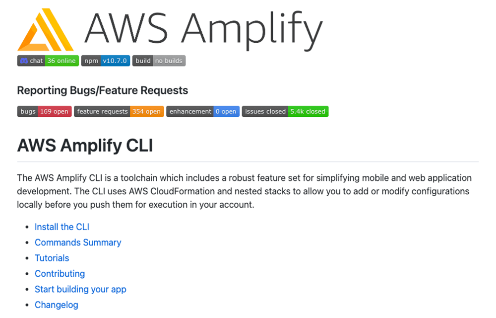 Screenshot of the AWS Amplify CLI documentation page showing an overview and useful links, including installation, command summary, tutorials, contributing, starting an app, and changelog information.