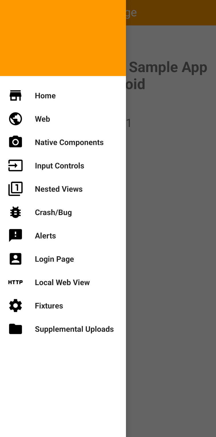 Screenshot of an Android application's sidebar navigation menu displaying various navigation options such as Home, Web, Native Components, Input Controls, Nested Views, Crash/Bug, Alerts, Login Page, Local Web View, Fixtures, and Supplemental Uploads.