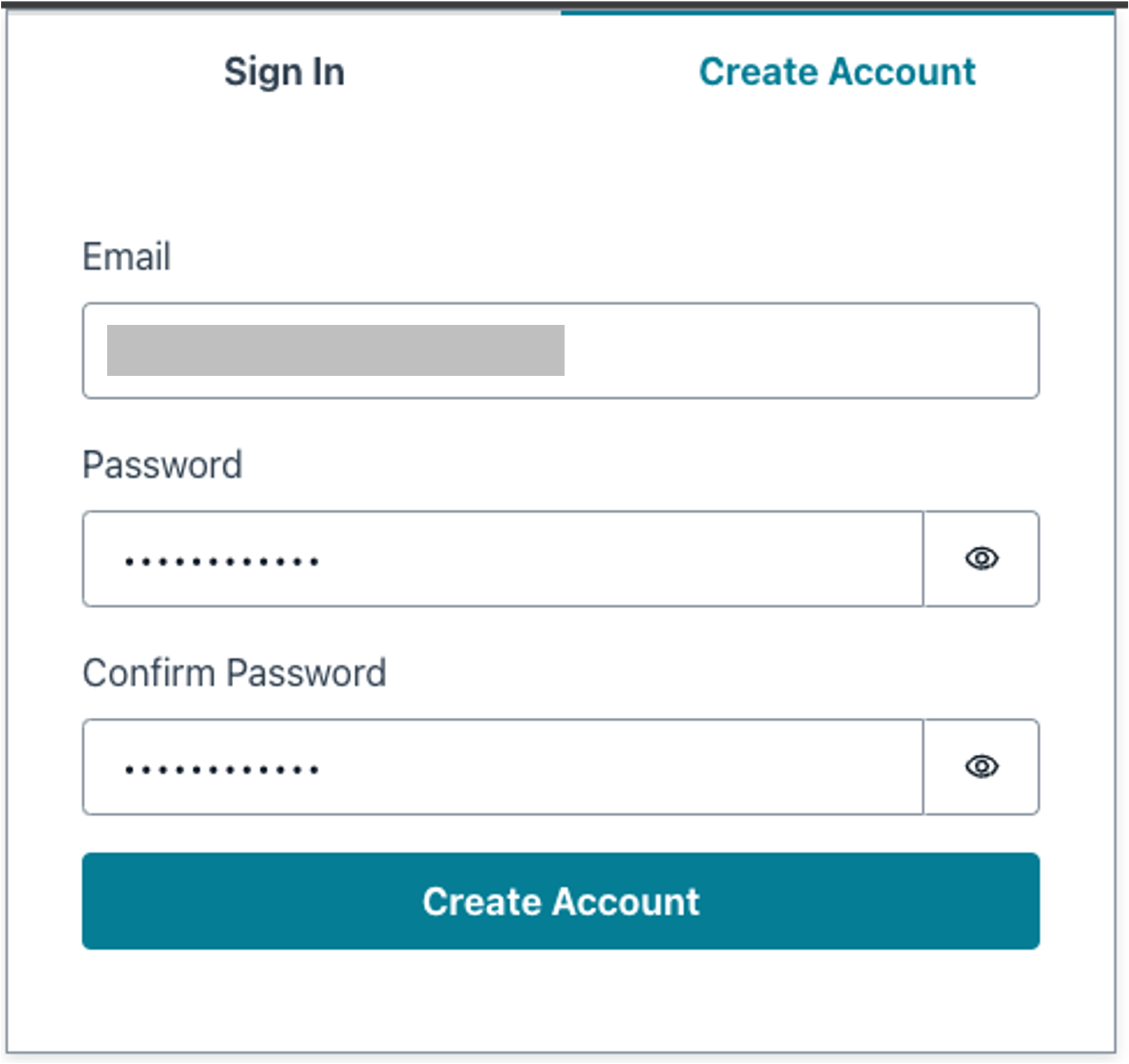 Screenshot of a web form for creating an account in the Amplify AI Kit, displaying fields for email, password, confirm password, and a 'Create Account' button.