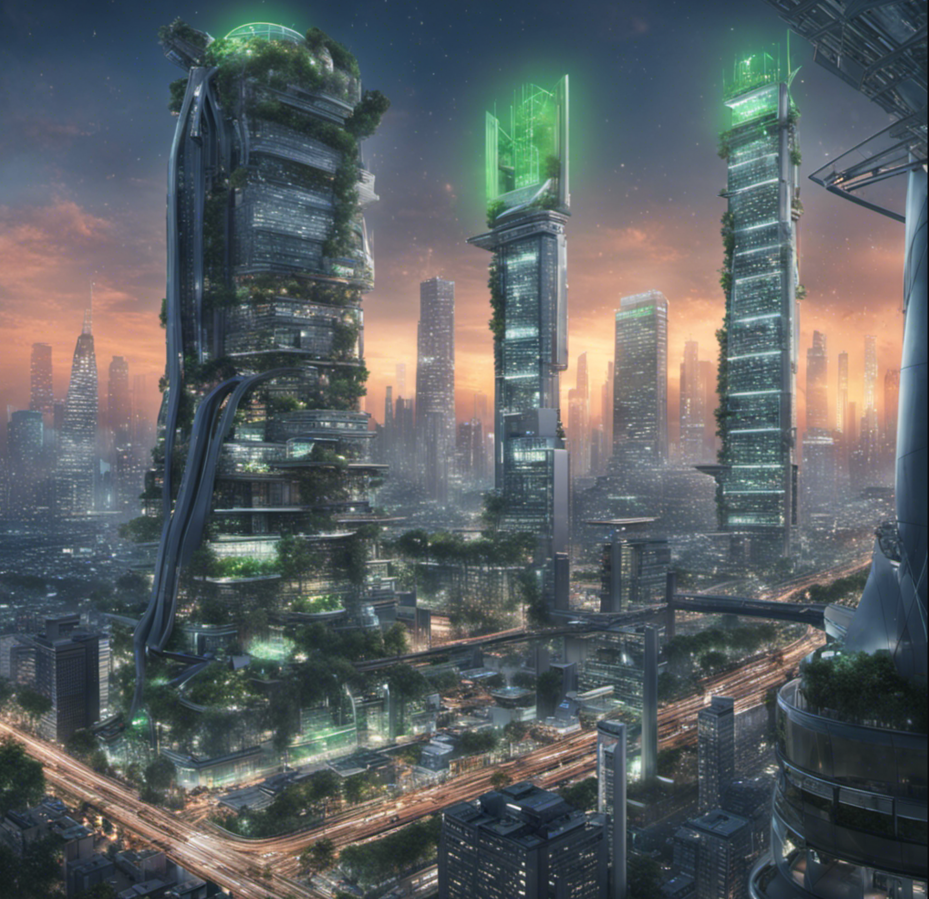 A sunset cityscape featuring futuristic green skyscrapers with eco-friendly designs and lush vegetation, representing an advanced sustainable urban environment.