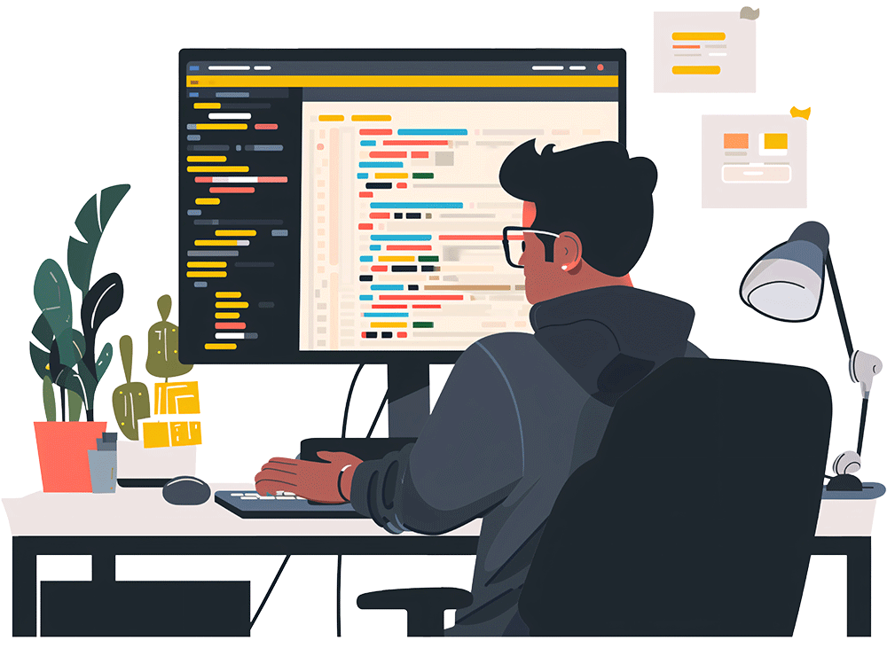 Illustration of a developer sitting at a desk and working on code for AWS CloudFormation templates on a large monitor, representing efficient cloud infrastructure automation. The workspace includes a plant, sticky notes, and a desk lamp, conveying a productive programming environment.